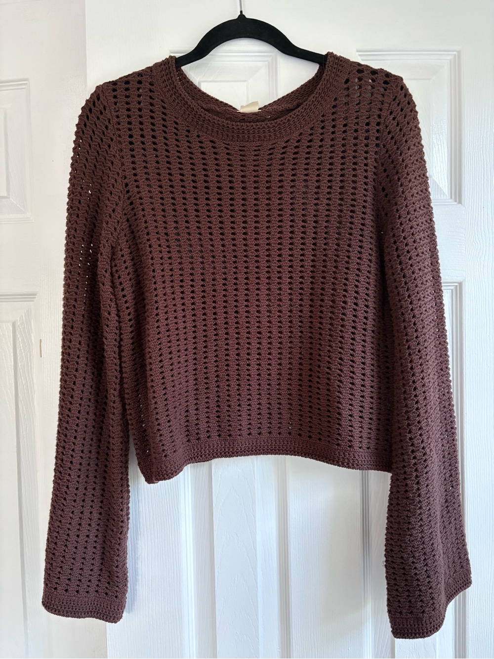 Magaschoni Women's Brown Open-Knit Sweater Crewneck 100% cotton